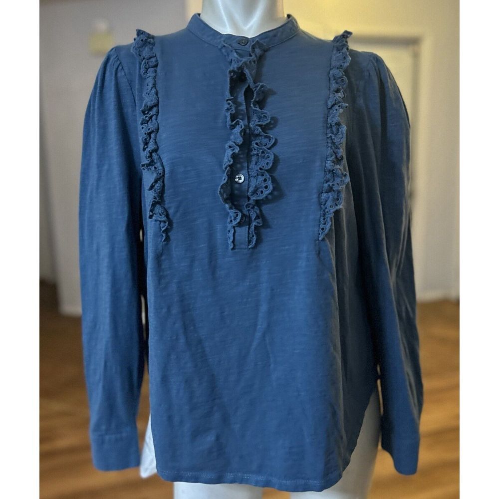 BODEN Top Ruffled Front Popover‎ Size 16 Long Sleeve Blouse Blue Cowgirl Western